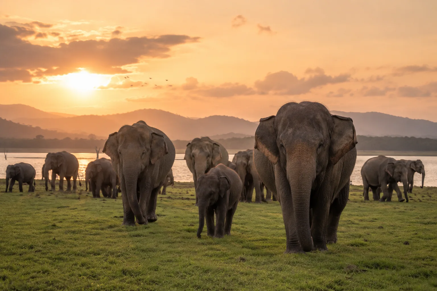 Wild Asian elephants at sunset beside a lake in Sri Lanka
